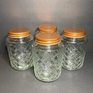 Set of 4 Lattice Pattern 18oz Glass Jars w/ Copper Colored Metal Lids 5.25"